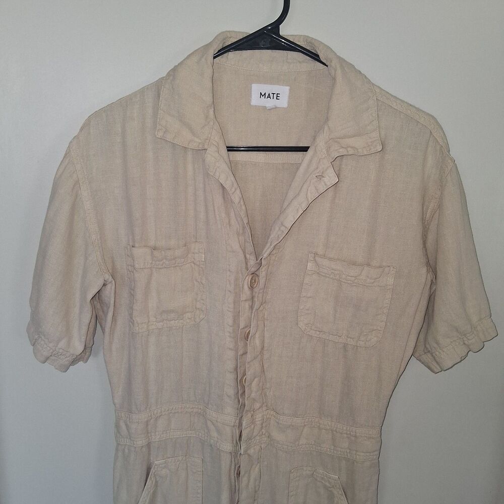 MATE the Label Organic Linen Short Sleeve Utility Jumpsuit S Beige Minimalist - Picture 3 of 12